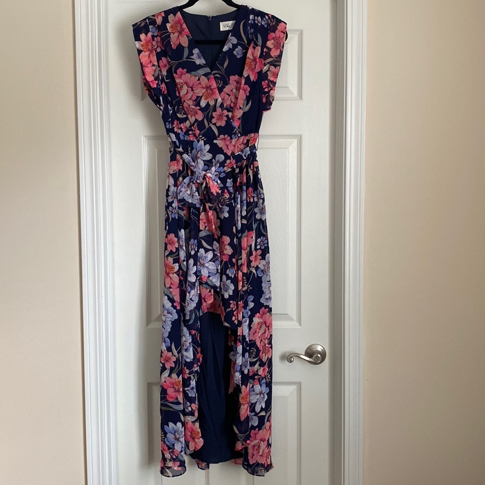 Eliza J Floral High-Low Faux Wrap Chiffon Dress